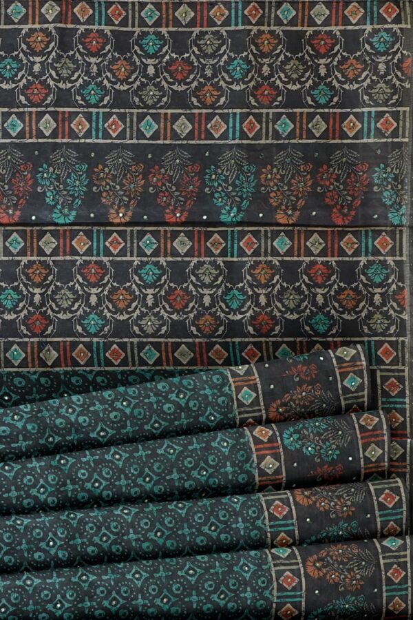 sri kumaran stores pure cotton saree navy blue and tarquoise blue printed saree with flower border 5