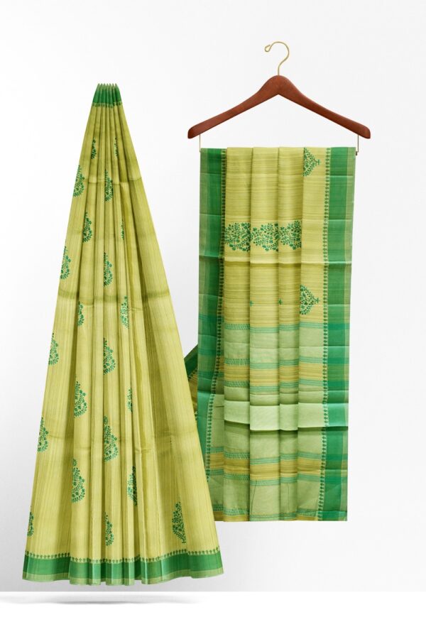 sri kumaran stores raw silk saree apple green saree with leaf green border 1 2