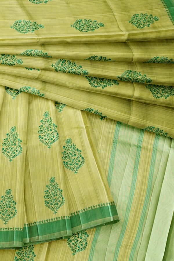 sri kumaran stores raw silk saree apple green saree with leaf green border 1 4