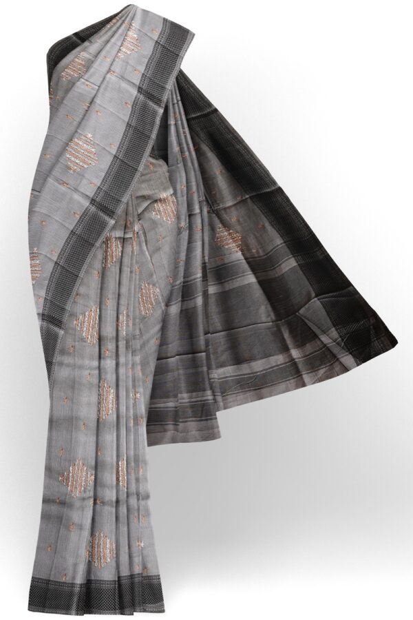 sri kumaran stores raw silk saree ash color saree with self emboss thread work border 1