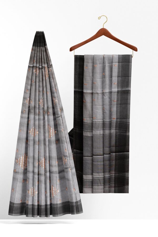 sri kumaran stores raw silk saree ash color saree with self emboss thread work border 2