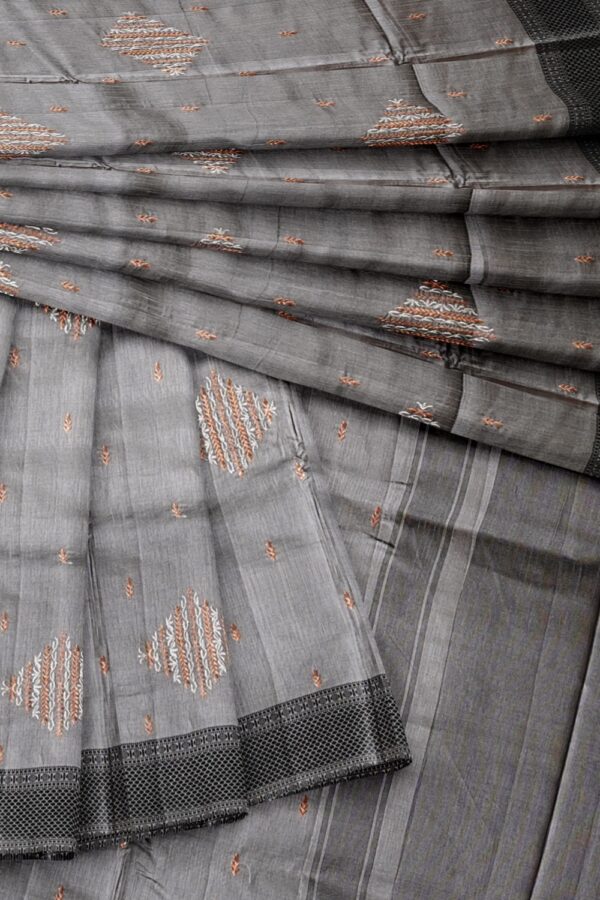 sri kumaran stores raw silk saree ash color saree with self emboss thread work border 4