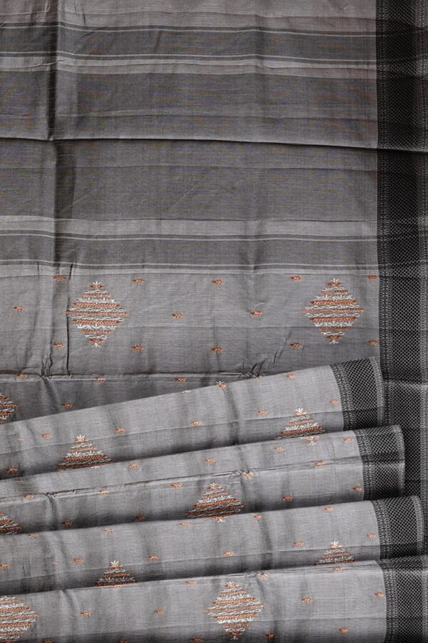 sri kumaran stores raw silk saree ash color saree with self emboss thread work border 5