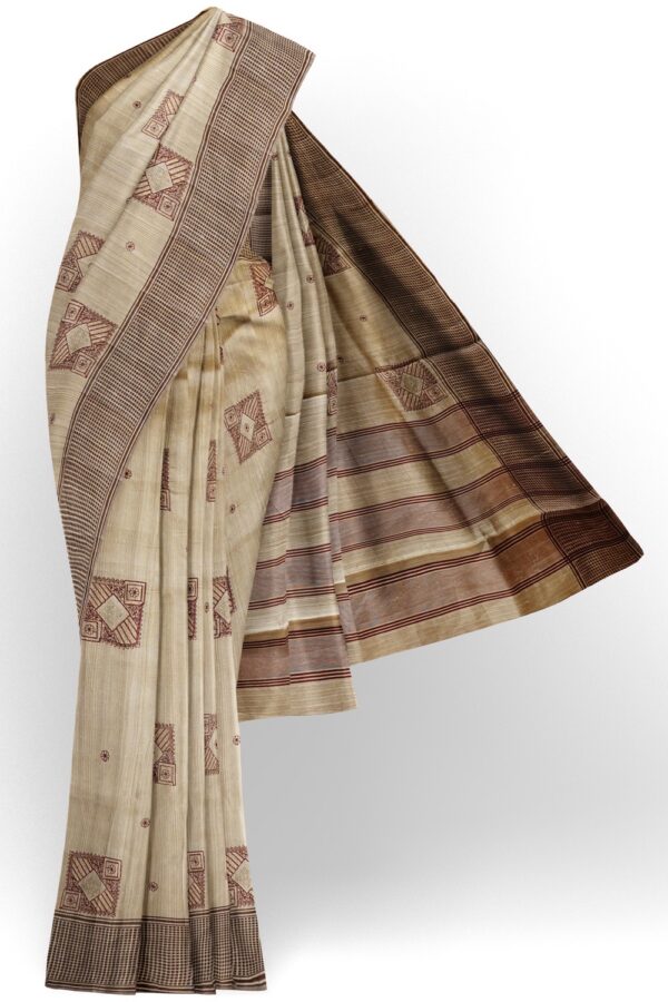 sri kumaran stores raw silk saree beige saree with dark brown checked border 1