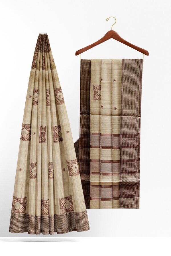 sri kumaran stores raw silk saree beige saree with dark brown checked border 2