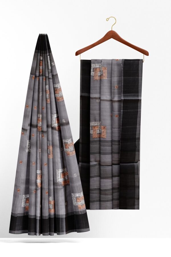 sri kumaran stores raw silk saree dark ash color saree with embroidery design 2