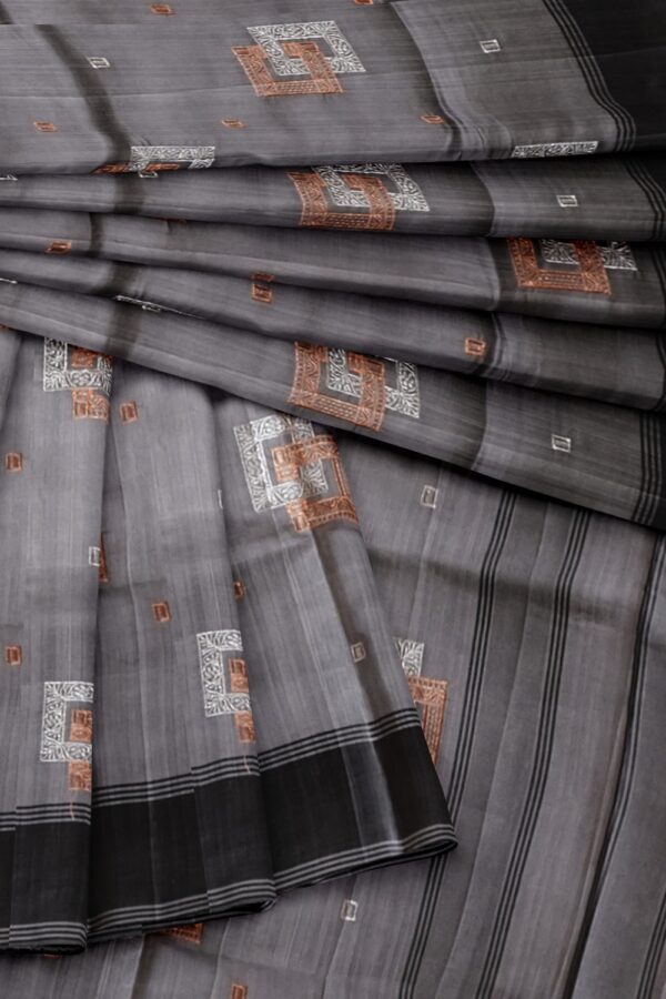 sri kumaran stores raw silk saree dark ash color saree with embroidery design 4