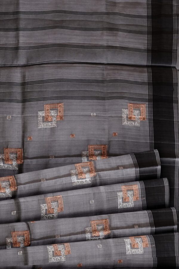 sri kumaran stores raw silk saree dark ash color saree with embroidery design 5