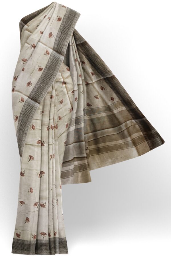 sri kumaran stores raw silk saree embroidered ash color saree with black border 1