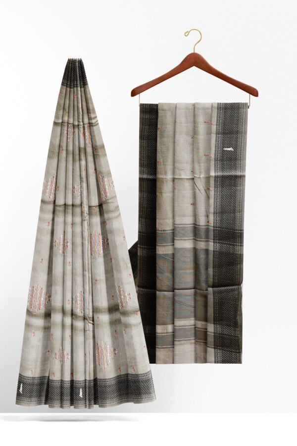 sri kumaran stores raw silk saree embroidered light gray color saree with black border 2