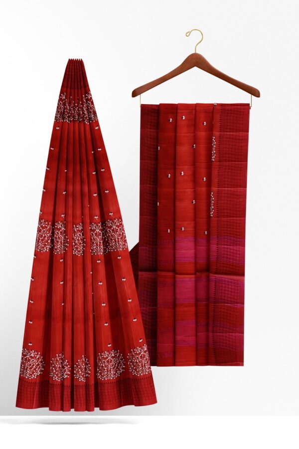 sri kumaran stores raw silk saree embroidered mahogany color saree with pink shade 2