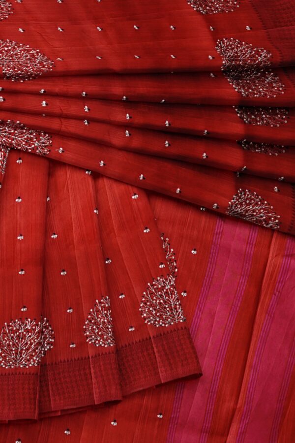 sri kumaran stores raw silk saree embroidered mahogany color saree with pink shade 4