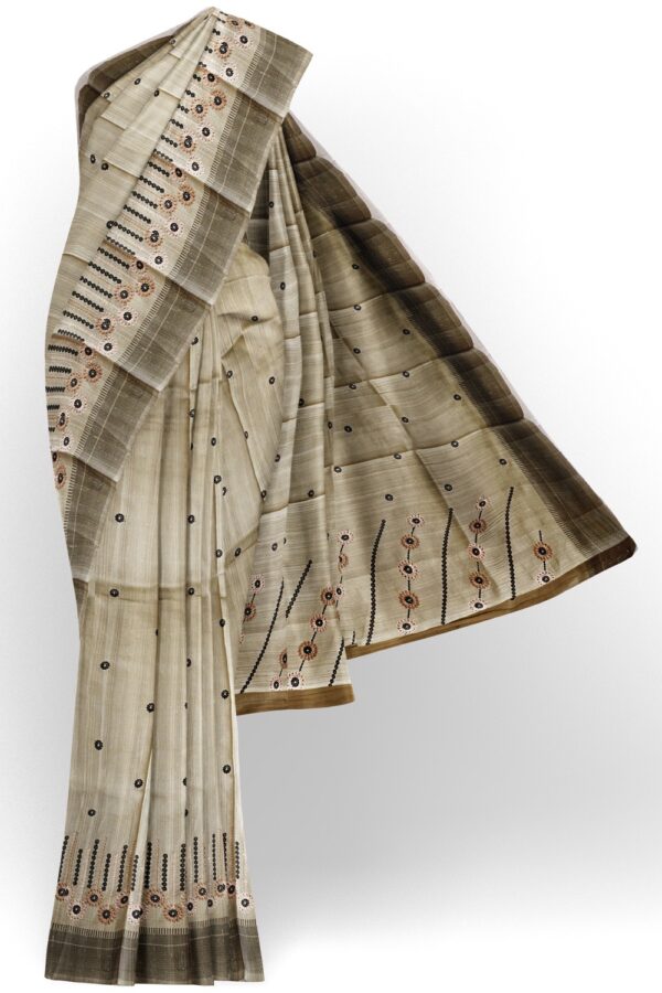 sri kumaran stores raw silk saree fossil color saree with thread weaven black border 1