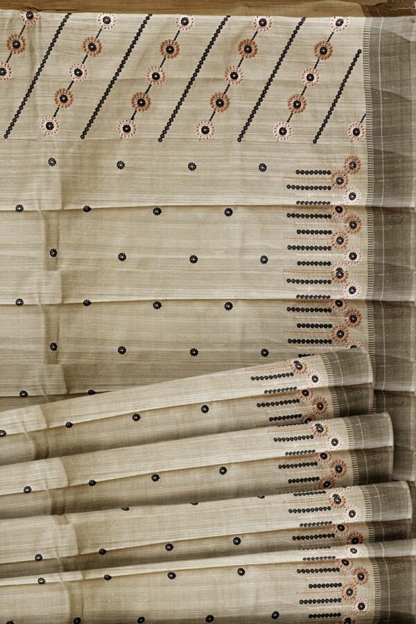 sri kumaran stores raw silk saree fossil color saree with thread weaven black border 5