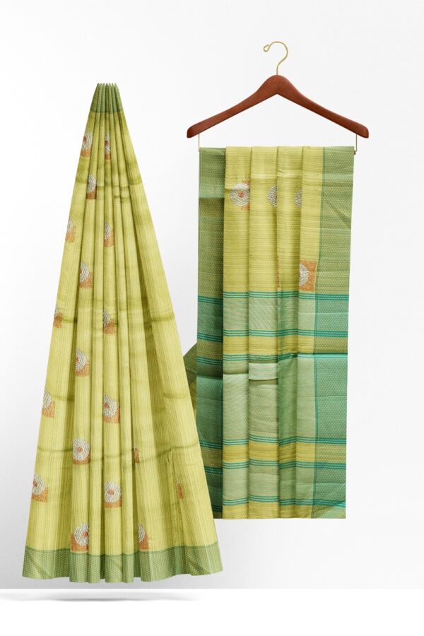 sri kumaran stores raw silk saree lime green saree with teal green border 2