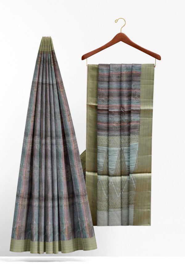 sri kumaran stores raw silk saree multiple shades of gray and peach thread woven saree 2