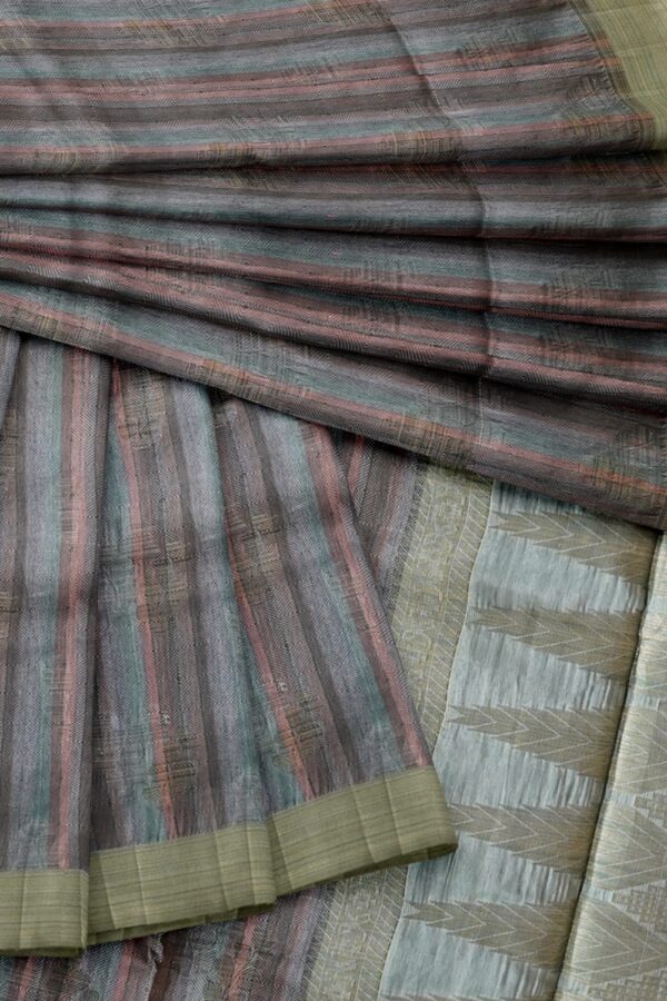 sri kumaran stores raw silk saree multiple shades of gray and peach thread woven saree 4