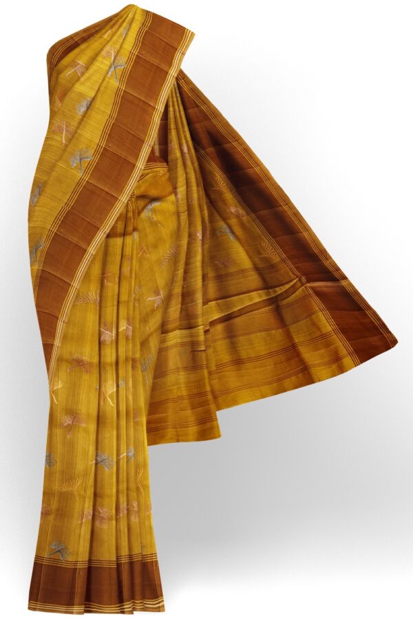 sri kumaran stores raw silk saree mustard color saree with thread work embroidery design 1