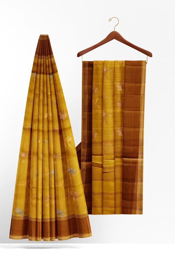sri kumaran stores raw silk saree mustard color saree with thread work embroidery design 2