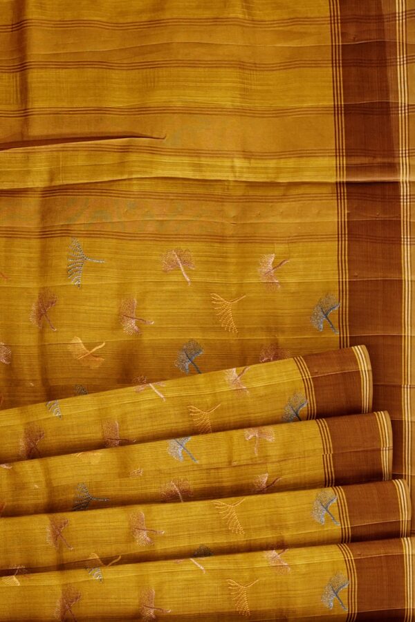 sri kumaran stores raw silk saree mustard color saree with thread work embroidery design 5