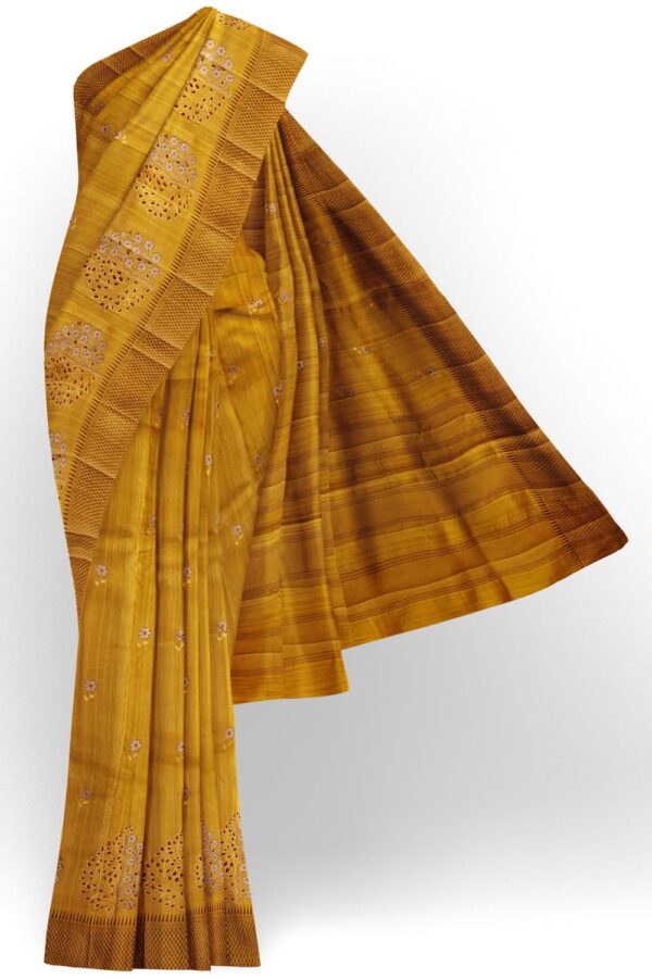 sri kumaran stores raw silk saree mustard saree with cut work design border 1