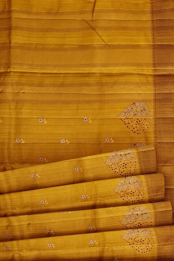 sri kumaran stores raw silk saree mustard saree with cut work design border 5
