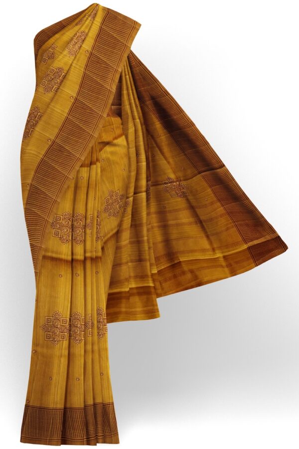 sri kumaran stores raw silk saree ocher color saree with brown checked border 1