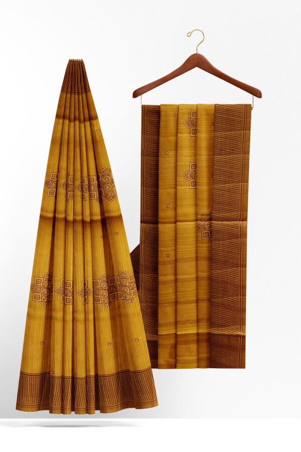 sri kumaran stores raw silk saree ocher color saree with brown checked border 2