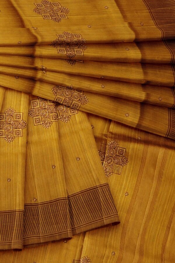 sri kumaran stores raw silk saree ocher color saree with brown checked border 4