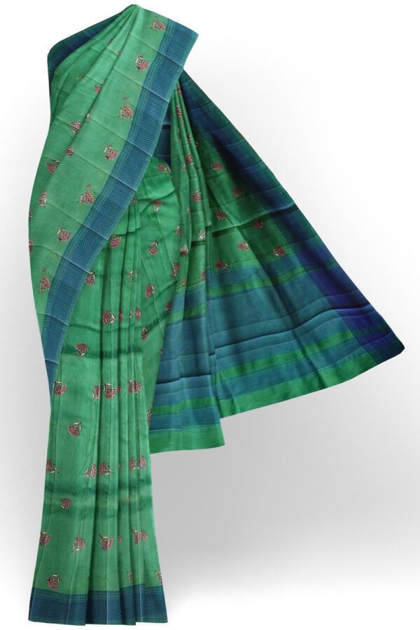 sri kumaran stores raw silk saree pine green saree with egyptian blue border 1
