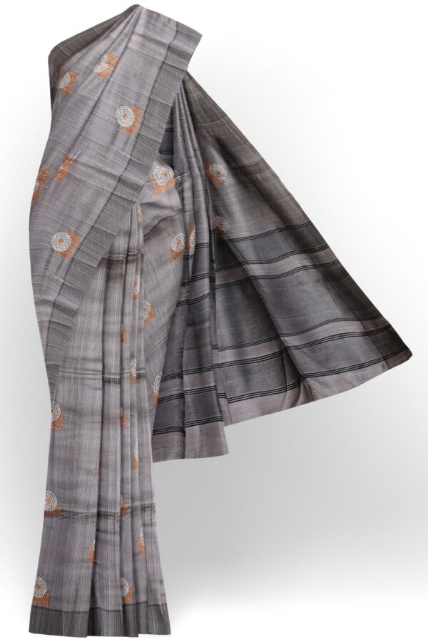 sri kumaran stores raw silk saree steel gray saree with iron gray border 1