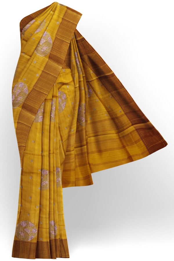 sri kumaran stores raw silk saree tuscany yellow saree with peanut brown border 1