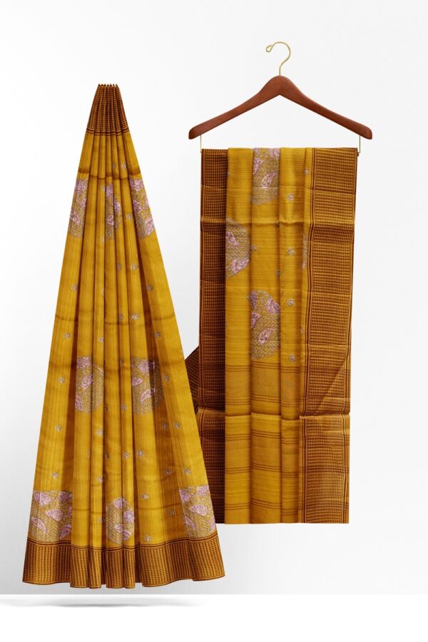 sri kumaran stores raw silk saree tuscany yellow saree with peanut brown border 2