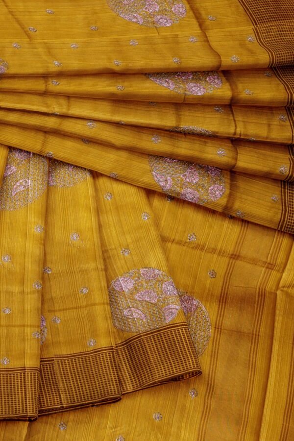 sri kumaran stores raw silk saree tuscany yellow saree with peanut brown border 4