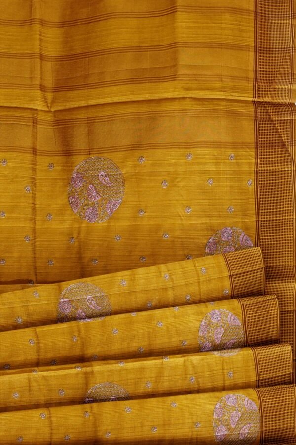 sri kumaran stores raw silk saree tuscany yellow saree with peanut brown border 5