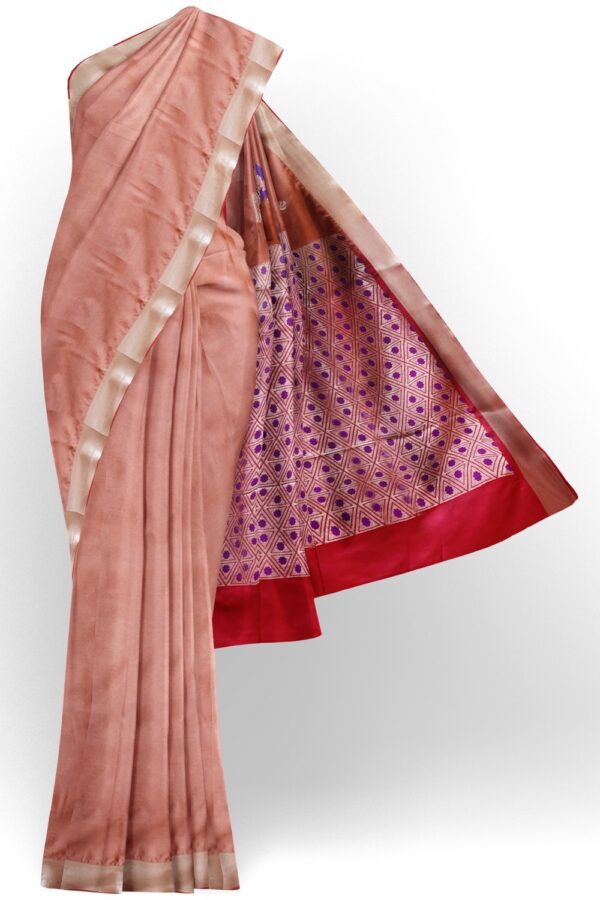 sri kumaran stores semi kanchipuram silk saree flamingo pink saree with red color pallu 1