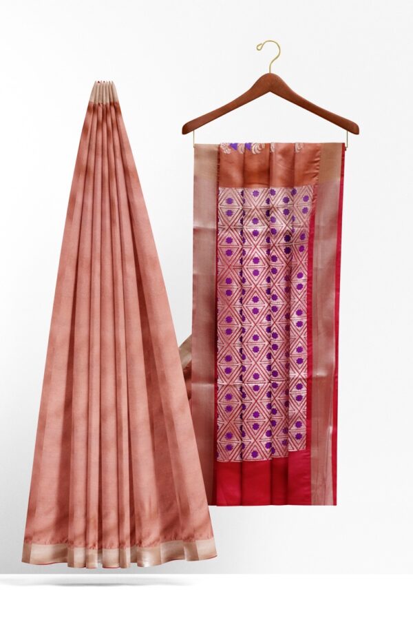 sri kumaran stores semi kanchipuram silk saree flamingo pink saree with red color pallu 2