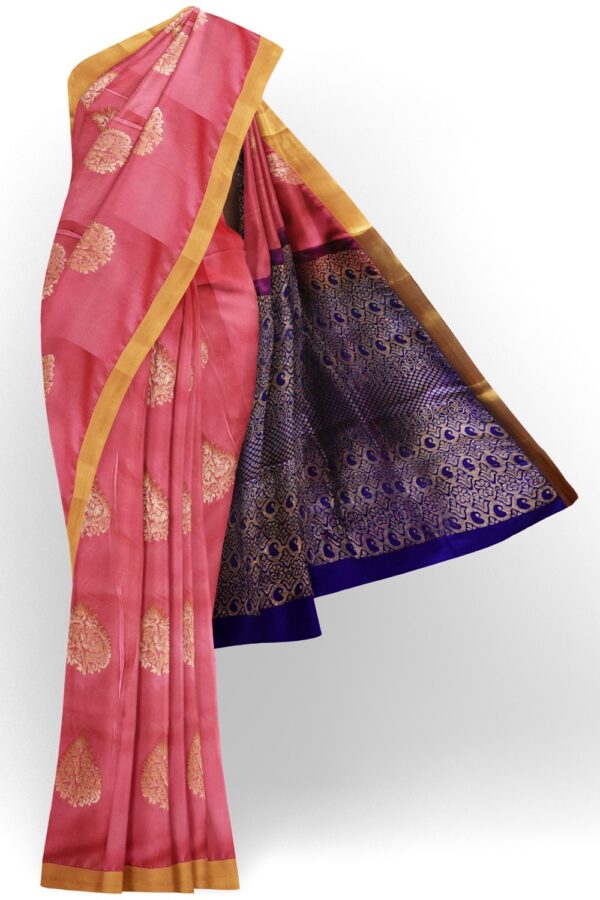 sri kumaran stores semi kanchipuram silk saree french rose pink saree with ultramarine blue pallu 1