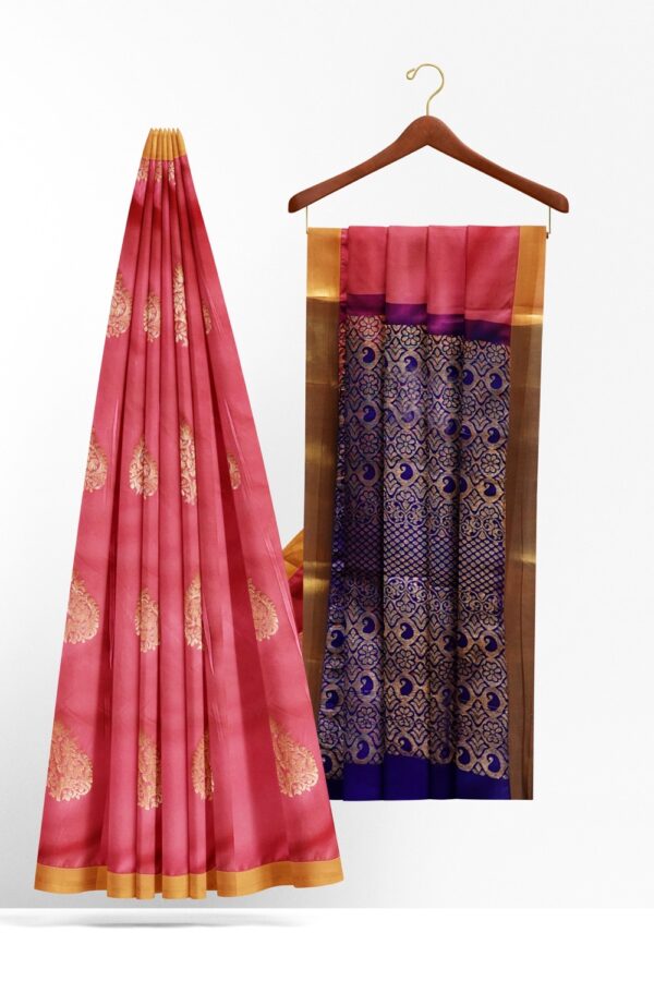 sri kumaran stores semi kanchipuram silk saree french rose pink saree with ultramarine blue pallu 2