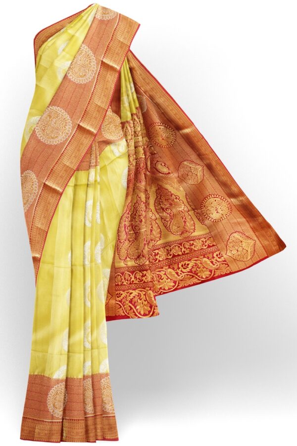 sri kumaran stores semi kanchipuram silk saree lemon yellow saree with cerise pink border and pallu 1