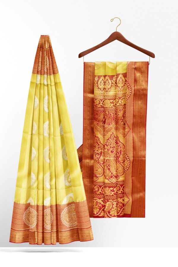 sri kumaran stores semi kanchipuram silk saree lemon yellow saree with cerise pink border and pallu 2