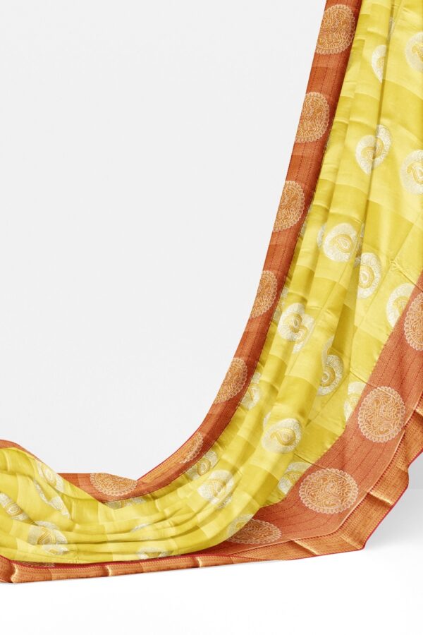 sri kumaran stores semi kanchipuram silk saree lemon yellow saree with cerise pink border and pallu 3