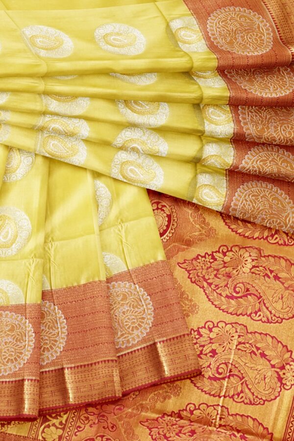 sri kumaran stores semi kanchipuram silk saree lemon yellow saree with cerise pink border and pallu 4
