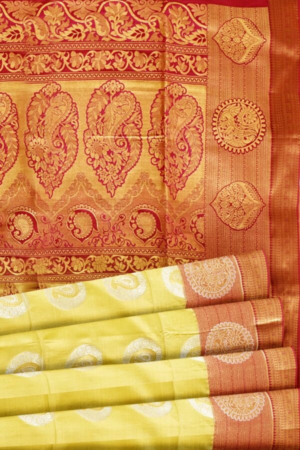 sri kumaran stores semi kanchipuram silk saree lemon yellow saree with cerise pink border and pallu 5