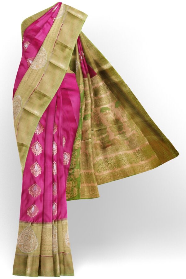 sri kumaran stores semi kanchipuram silk saree magenta pink saree with light green border and pallu 1