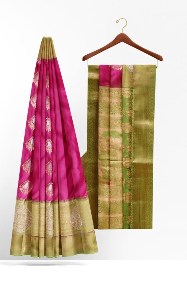 sri kumaran stores semi kanchipuram silk saree magenta pink saree with light green border and pallu 2