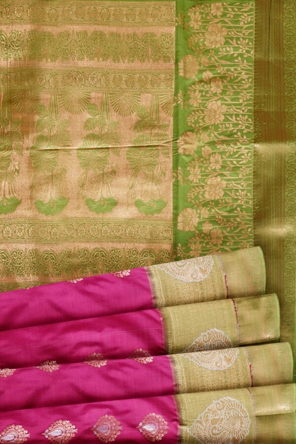 sri kumaran stores semi kanchipuram silk saree magenta pink saree with light green border and pallu 5