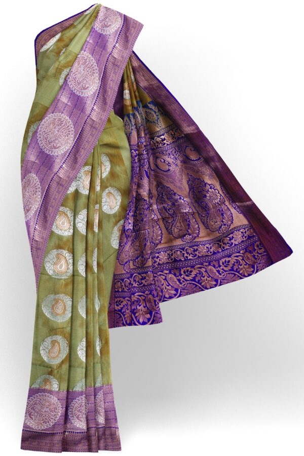sri kumaran stores semi kanchipuram silk saree moss green saree with ultramarine blue border and pallu 1