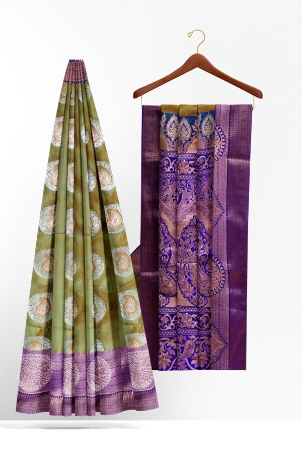 sri kumaran stores semi kanchipuram silk saree moss green saree with ultramarine blue border and pallu 2