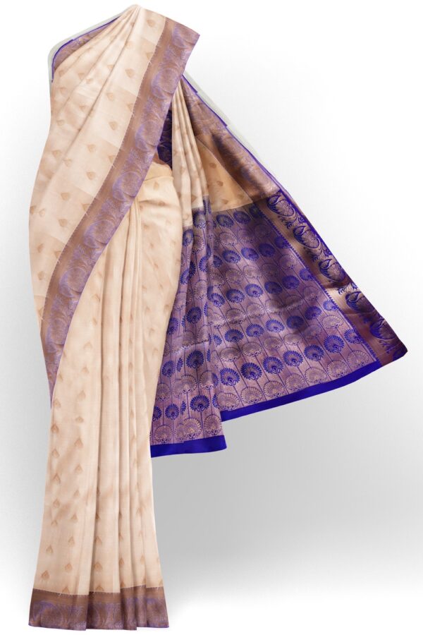 sri kumaran stores semi kanchipuram silk saree peachpuff color saree with ultramarine blue pallu 1